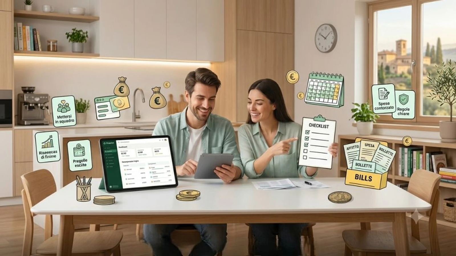 Famiglia che organizza le spese comuni quando entrano due stipendi