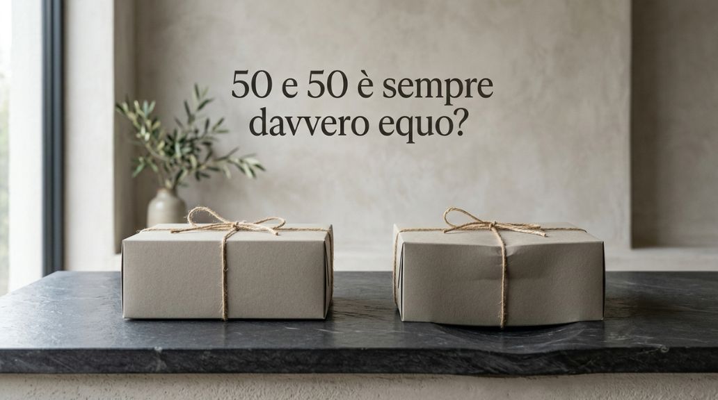 Due pacchi di dimensioni diverse appoggiati su un piano, simbolo di uguaglianza ed equità nelle spese di coppia