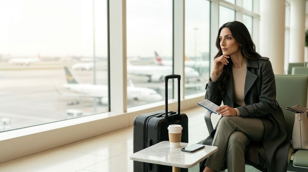 Una donna seduta in aeroporto con valigia e carta d’imbarco riflette con calma