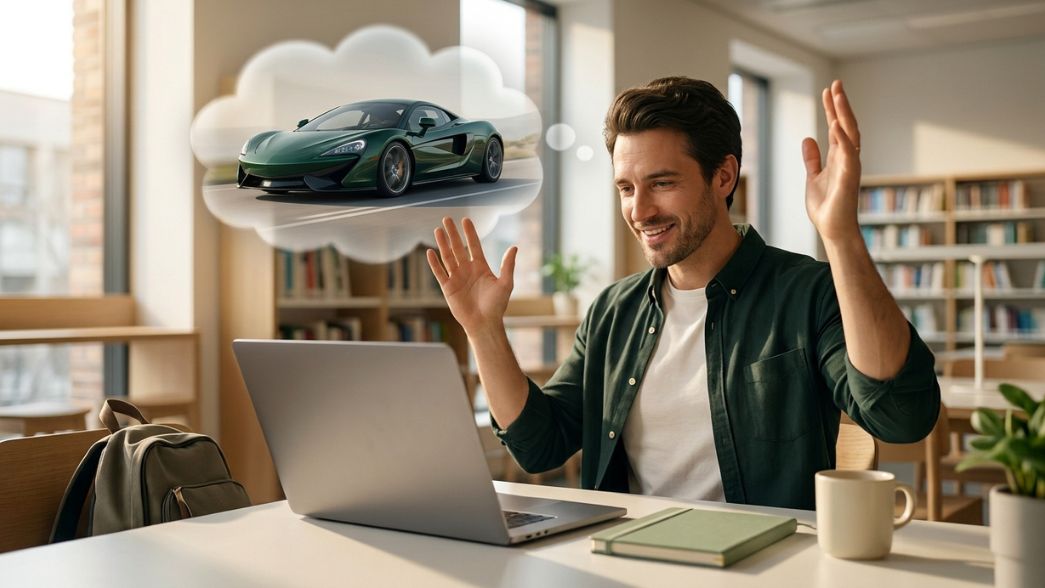 Un uomo davanti al computer immagina un’auto sportiva, simbolo della sensazione di ricchezza subito dopo lo stipendio