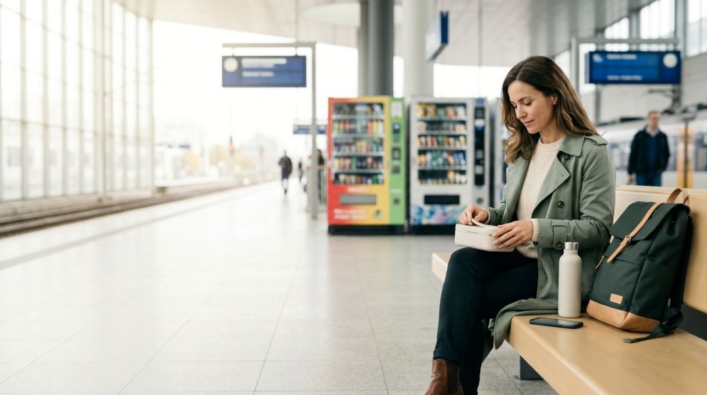 Una donna in stazione apre il proprio contenitore mentre sullo sfondo ci sono distributori automatici