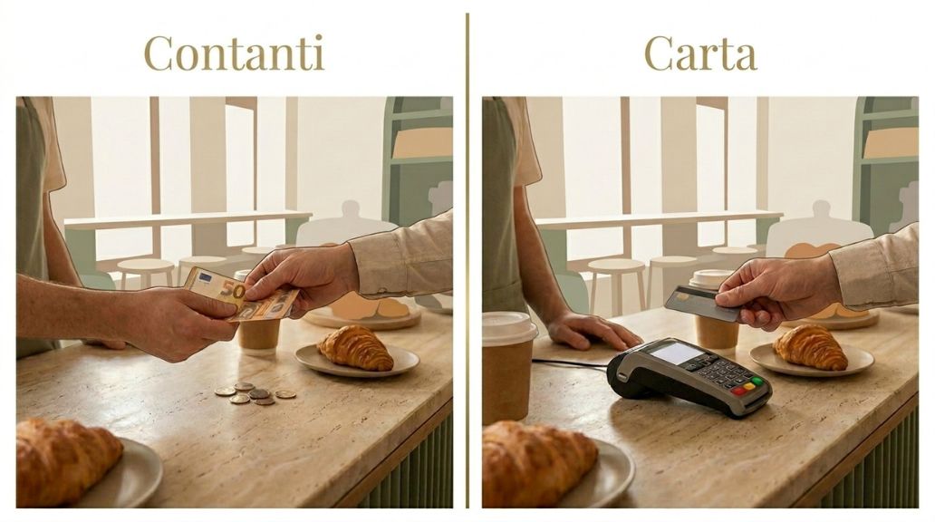Confronto visivo tra pagamento in contanti e pagamento con carta al bar
